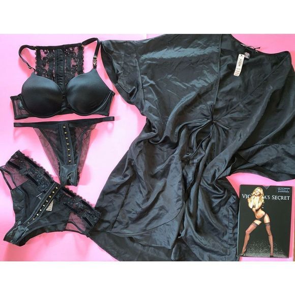Victoria's Secret racerback 34C,34DDD BRA SET+M panty+ROBE SATIN BLACK embroider - Picture 1 of 7